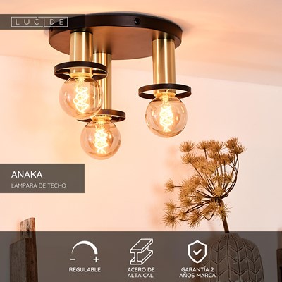 Lucide ANAKA - Lámpara de techo - Ø 30 cm - 3xE27 - Negro